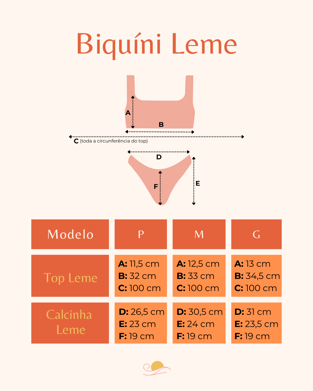 Tabela de medidas Conjunto Leme